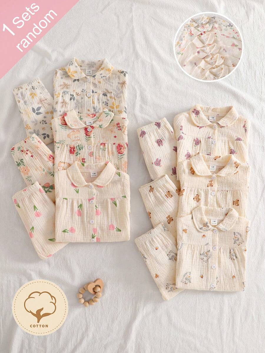 (Random 1 Set) Newborn Comfortable Soft Cozy Cotton Crepe Textured Fabric Lapel Open Front Button-Up Bow Flower Bear Rabbit Strawberry All-Over Print Long Sleeve Footed Pants Pajama Set - Multicolor - View 1