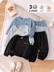 SHEIN 6pcs Baby Boy Baby Girl Cute Autumn/Winter Casual Versatile Solid Color Letter Print Long Sleeve Sweatshirt Tracksuit Joggers Set Basic Multi-Piece Pack - Multicolor - View 4