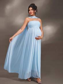 Cheriluna Maternity 聖誕派對拍照禮服 優雅性感 Baby Shower 孕婦裝 壓褶設計 純色露肩無袖套裝 淺藍色 秋季 - 淺藍色 - 查看 7