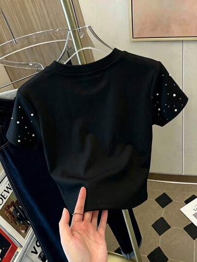 Franclia Summer Vibe Women's Fashion Versatile Pearl Rhinestone Decorated Fitted Short Sleeve T-Shirt Heavy Beaded Round Neck Cropped Romantic Elegant Black