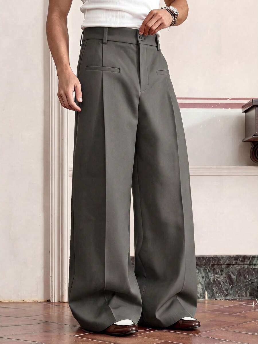 SWAVVY Men's Casual Business Button Pocket Loose Fit Pants For Daily Wear - Dark Grey - View 1