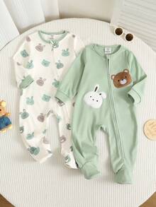 SHEIN 2pcs Newborn Baby Boy & Girl Autumn/Winter Casual Cute Cartoon Pattern Knitted Romper Set, Snug Fit Loungewear - Multicolor - View 3
