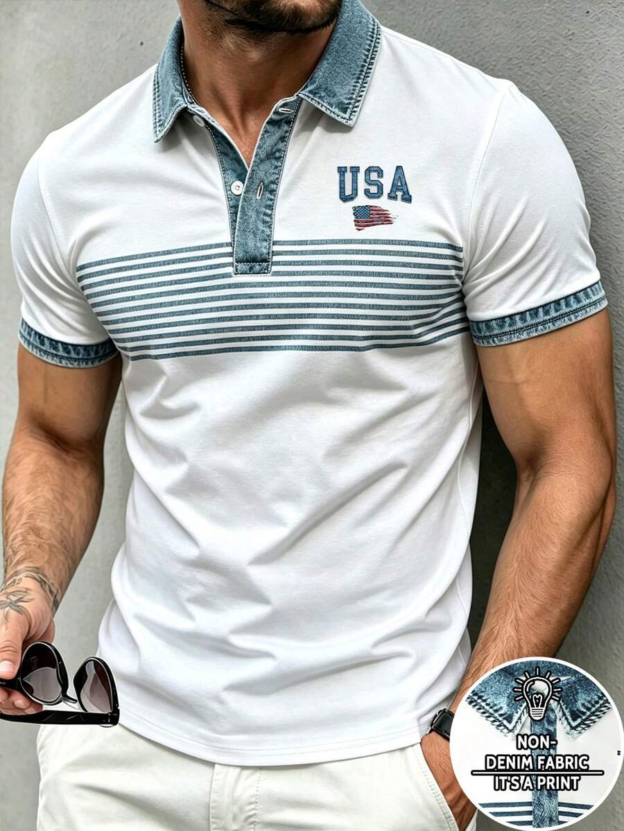 Manfinity Dauomo 男士標準尺寸 POLO 衫,休閒商務藍白拼接 Polo 衫,辦公穿著,日常,優雅風格,舒適面料,極簡字母印花 Polo 衫 - 彩色 - 查看 1