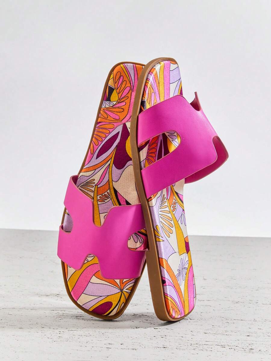 VACAZURE Super H Cut-Out Fuchsia Color Square Toe Flat Slip On Sandal Shoe Spring Shoes Spring Break Easter Vacation Shoes Casual Shoes Beach Shoes Mother's Day Present Summer Shoes - Pink - View 1