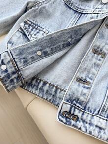 SHEIN New Girls' Floral Decor Cute Playful Denim Jacket, Soft Cotton Material, Stylish, Suitable For Holiday, Daily Wear, School, Commute, Back To School - Medium Wash - View 5