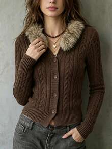 LUMIGAL Cardigan Rajut Kabel Lengan Panjang Berkerah Bulu Wanita, Kancing Tunggal - Coklat - View 3
