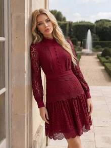 Anewsta Women's Summer Lace Long Sleeve Elegant Mid-Length A-Line Red Burgundy Dress - Red - View 7