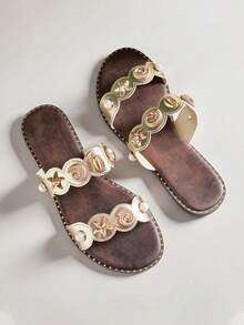VACAZURE Women's Minimalist Comfortable, Double Band Slip-On Flat Sandals With Metal Ornaments Summer Shoes - Gold - View 1
