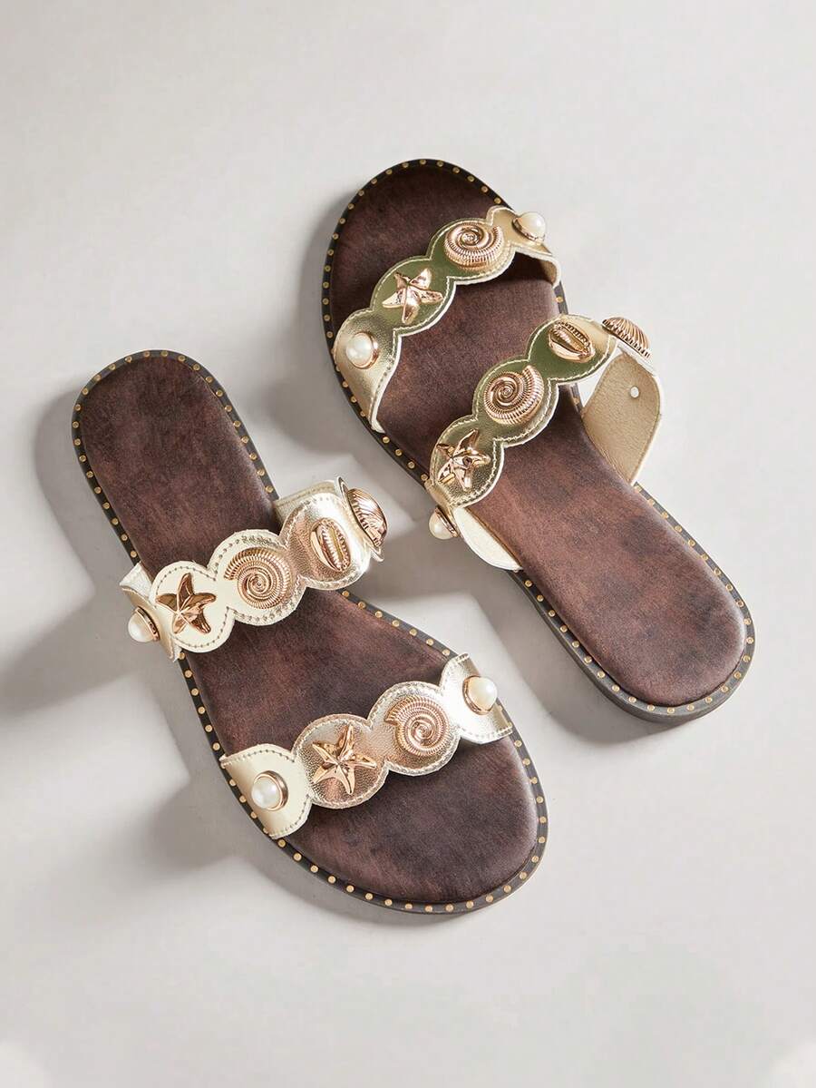 VACAZURE Women's Minimalist Comfortable, Double Band Slip-On Flat Sandals With Metal Ornaments Summer Shoes - Gold - View 1