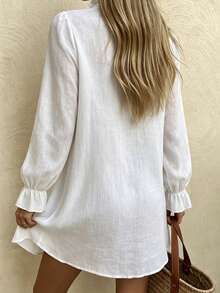 Vaclyn Women's Fashion Elegant Solid Color Frill Trim Casual Vacation Dress - White - View 2