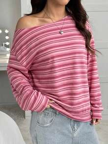 SHEIN EZwear 女款不對稱單肩寬鬆休閒極簡日常百搭派對聚會機場穿搭 Y2K 上衣，玫瑰粉條紋，女款夏季穿搭，戶外穿搭 - 彩色 - 查看 4