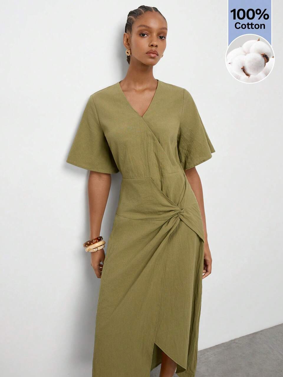 SHEIN Maija Olive Green V-Neck Fitted Waist Slim Fit Long Dress Twisted Asymmetric Hem Summer Urban French Casual Elegant Women Festival Beach Vacation Brunch