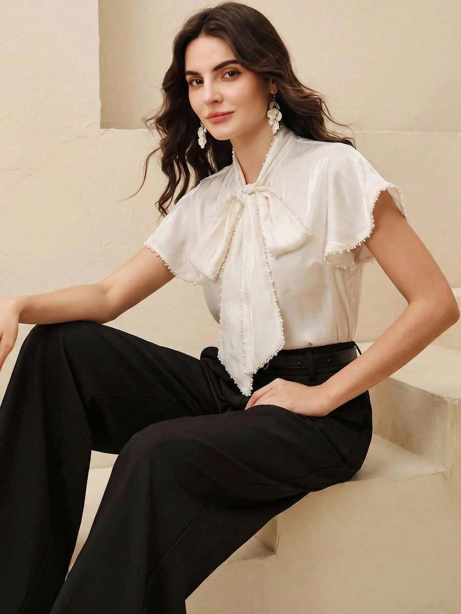 Anewsta Essential Women's Elegant French Modern Versatile Off-White Tie-Up Ruffle Beaded Decor Blouse Teachers' Day Wedding Office Tea Party Summer