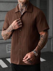 Manfinity CasualCool Men's Solid Color Short Sleeve Single-Breasted Shirt, Streetwear, Casual, Summer - Brown - View 4