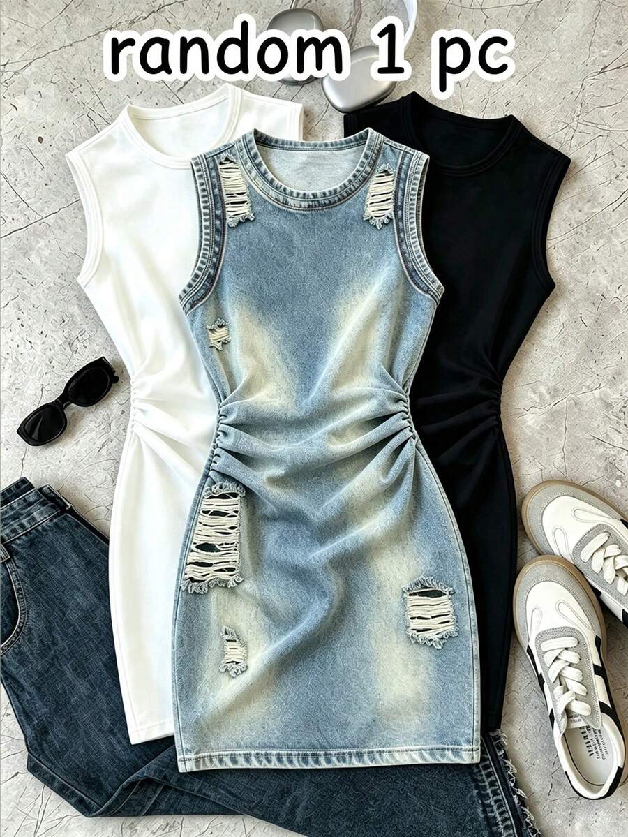隨機發送 1 件女款/青少年女孩全印花無袖洋裝,白色純色洋裝、黑色純色洋裝,適合春、夏、秋季,適合外出,適合女孩/女性,舒適極簡經典修身洋裝,居家與日常穿著 - 彩色 - 查看 1