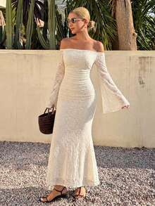 DAZY Women's Elegant Lace Off-Shoulder Long Dress, Spring/Summer Wedding Guest Dress Sundress - Beige - View 3