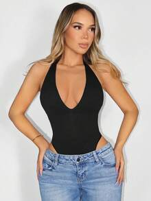 Sirith Body sin costuras de cuello en V profundo de punto - Negro - Ver 5