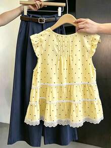 SHEIN Franclia V領百褶蕾絲拼接波點黃色女款上衣，附飄逸袖，無袖上衣，適合夏季、早午餐茶會，浪漫可愛 - 黃色 - 查看 2