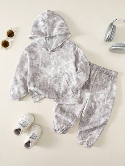 SHEIN 2pcs/Set Baby Boy Autumn/Winter Street Style Casual Cute Printed Hooded Sweatshirt & Long Pants Set, Camouflage Tracksuit Joggers