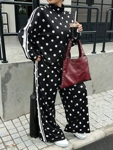 Muchica 女款大尺碼休閒波點印花夾克外套與長褲套裝，適合秋季 - 黑與白 - 查看 4