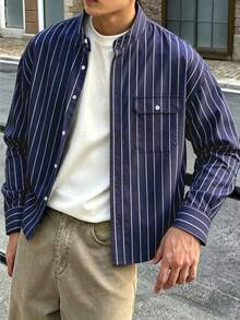 TONEVAULT Kemeja Kasual Pria Bergaris Lengan Panjang Kancing Tunggal dengan Kantong Serbaguna - Navy Blue - View 6