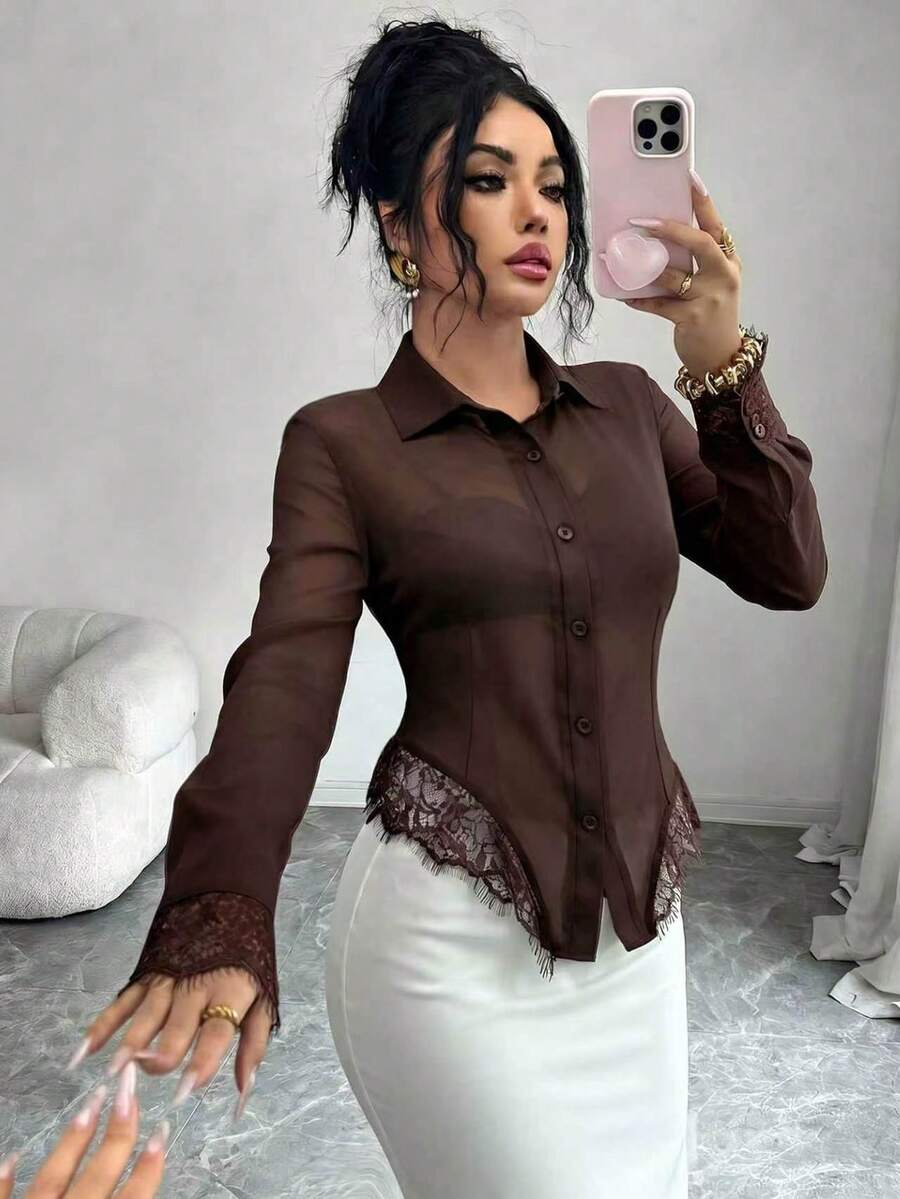 Elenzga 女款素色對比蕾絲下擺單排扣長袖優雅襯衫 - 棕色 - 查看 1