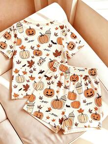 Resyla Women's Halloween All-Over Print Short Sleeve Top And Shorts Casual Everyday 2 Pieces Set - Multicolor - View 2