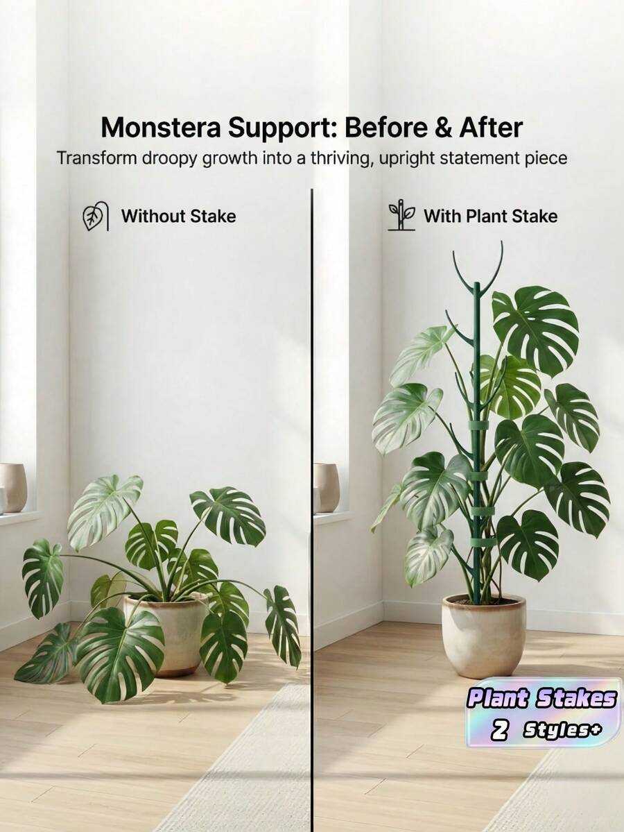 1/6/12 Pcs Monstera Plant Support Stakes Set 5 Stakes + 1 Roll 1m Hook And Loop Stackable Tall Durable Vine Support For Climbing Plant Stem Outdoor Garden Patio Balcony Minimalist Nature Inspired Spring Gardening Gift - A - View 1