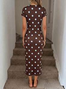 SHEIN LUNE Gaun Ukuran Besar Motif Polkadot dengan Belahan Depan Berpilin - MultiWarna - View 2