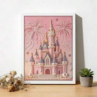 1Pc New Pearl Painting Set, Sparkling Pink Castle Design Made Of Pearls, Frameless Style, Ideal Bedroom & Living Room Wall Art, Room Decor Ornament, Perfect Gift For Family And Friends