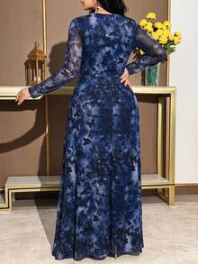 Feyla Plus Size Women's Butterfly Print V-Neck Long Sleeve 3D Floral Decor Elegant Dress - Multicolor - View 2