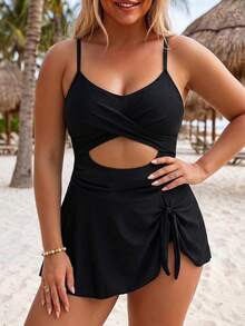 Swim Lushoire 2026 New Spring/Summer Plus Size Women's Vacation Beach Wear Solid Color Cutout Design Spaghetti Strap Swim Dress With Swim Shorts - Black - View 5
