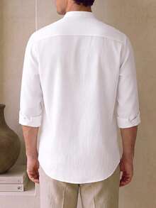 Core Aspect Men Old Money Clean Fit Mandarin Collar Shirt, Minimalist Hidden Placket Chest Pocket - White - View 2