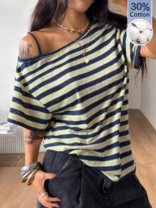 Coolane 女款不對稱肩條紋拼色休閒日常T恤 - 彩色 - 查看 4