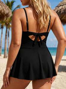 Swim Lushoire 2026 New Spring/Summer Plus Size Women's Vacation Beach Wear Solid Color Cutout Design Spaghetti Strap Swim Dress With Swim Shorts - Black - View 2
