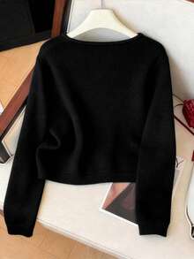 GlowEve CURVE Plus Size Casual Crew Neck Button Long Sleeve Pullover Sweater - Black - View 2