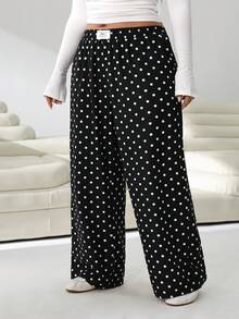 Solflare Plus Size Women Polka Dot Pocket Casual Versatile Daily Wear Wide Leg Pants - Black and White - View 3