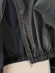 SHEIN 青少年女孩純色PU皮革拉鍊時尚百搭長袖夾克 - 黑色 - 查看 8