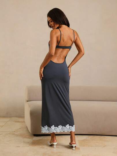 HautHeat Women's Contrast Lace Fitted Elegant Cami Loungewear Dress
