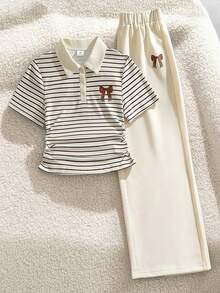 SHEIN 青少年女孩 T-shirt 兩件套，休閒簡約寬鬆針織，開學季復古修身秋季女童條紋抓皺套裝 - 彩色 - 查看 1