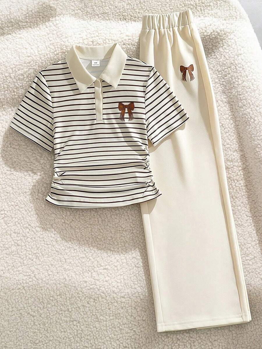 SHEIN 青少年女孩 T-shirt 兩件套，休閒簡約寬鬆針織，開學季復古修身秋季女童條紋抓皺套裝 - 彩色 - 查看 1
