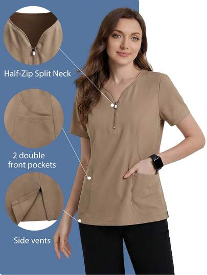 TaskEZ Earth Tone Short Sleeve Sweetheart Neck Zipper Multi-Pocket Convenient Comfortable Scrub Uniform Top