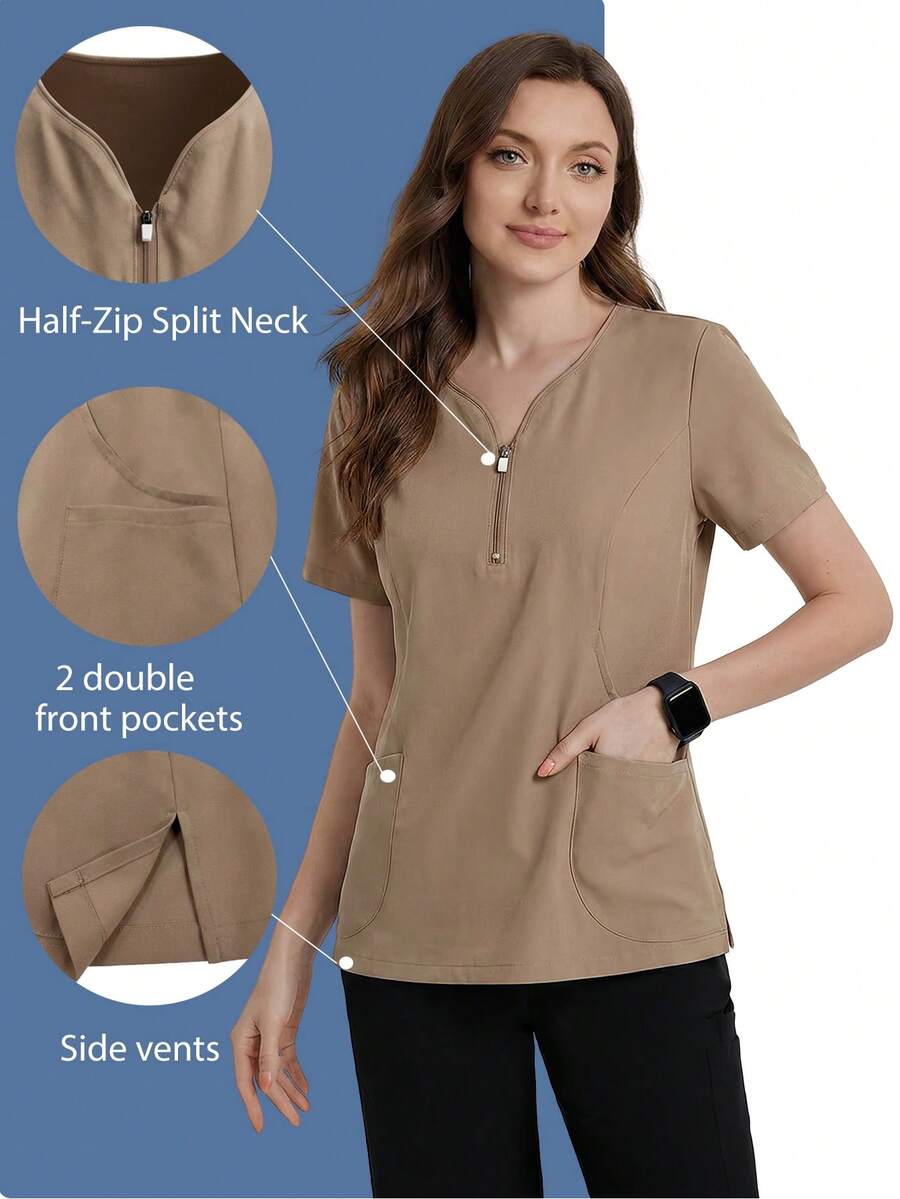 TaskEZ Earth Tone Short Sleeve Sweetheart Neck Zipper Multi-Pocket Convenient Comfortable Scrub Uniform Top