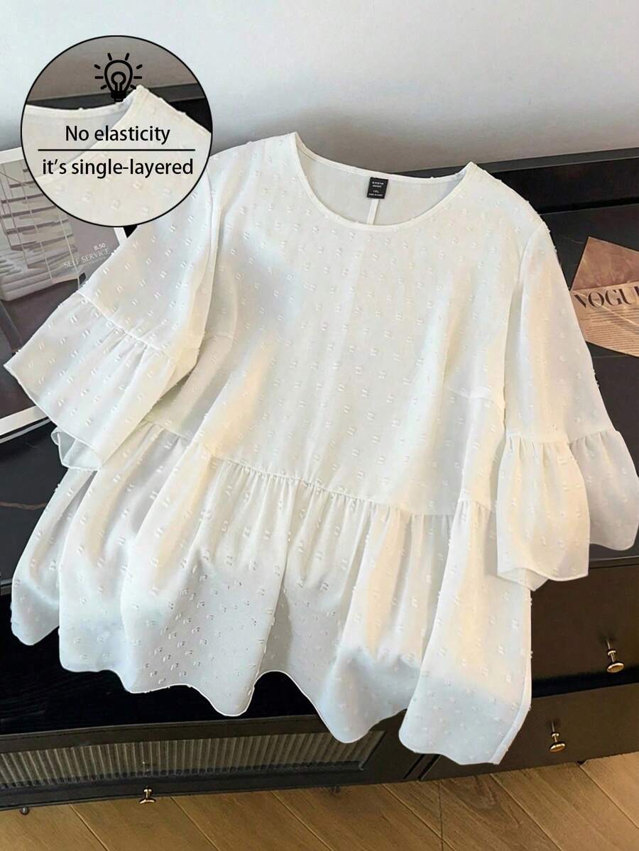 GlowEve CURVE Plus Size Women Solid Color Round Neck Flare Sleeve Ruffle Hem Loose Blouse - White - View 1