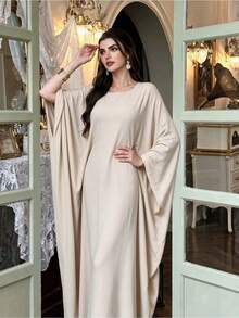 Yasmyna Beige Batwing Sleeve Abaya, Loose Draped Muslim Dress Formal Christening Guest Winter Modest Casual - Beige - View 8