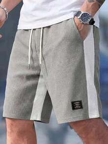 Sorvial Men's Casual Sports Contrast Color Letter Patch Drawstring Waist Shorts - Grey - View 1