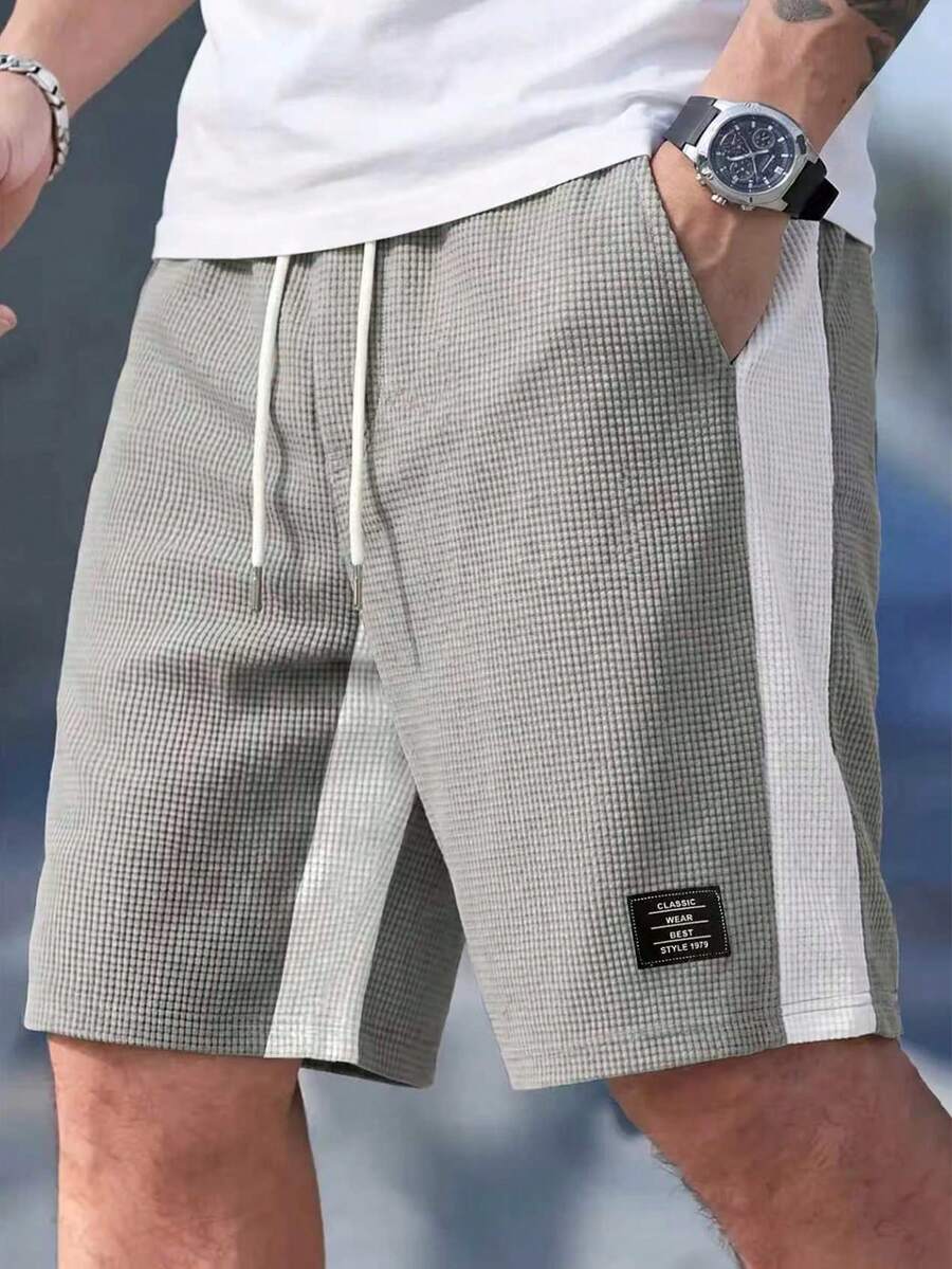Sorvial Men's Casual Sports Contrast Color Letter Patch Drawstring Waist Shorts - Grey - View 1