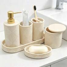 Modern Rustic Acrylic Bathroom Accessory Set, Includes Toothbrush Holder, Soap Dispenser, Tray, Cup, And Cotton Swab Container - Diamond-patterned Suit - View 4