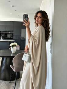 Yasmyna Beige Batwing Sleeve Abaya, Loose Draped Muslim Dress Formal Christening Guest Winter Modest Casual - Beige - View 3