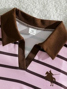 SHEIN 青少年女孩2件式T恤套裝，休閒簡約寬鬆針織款，開學季復古修身秋季女童條紋套裝 - 彩色 - 查看 3